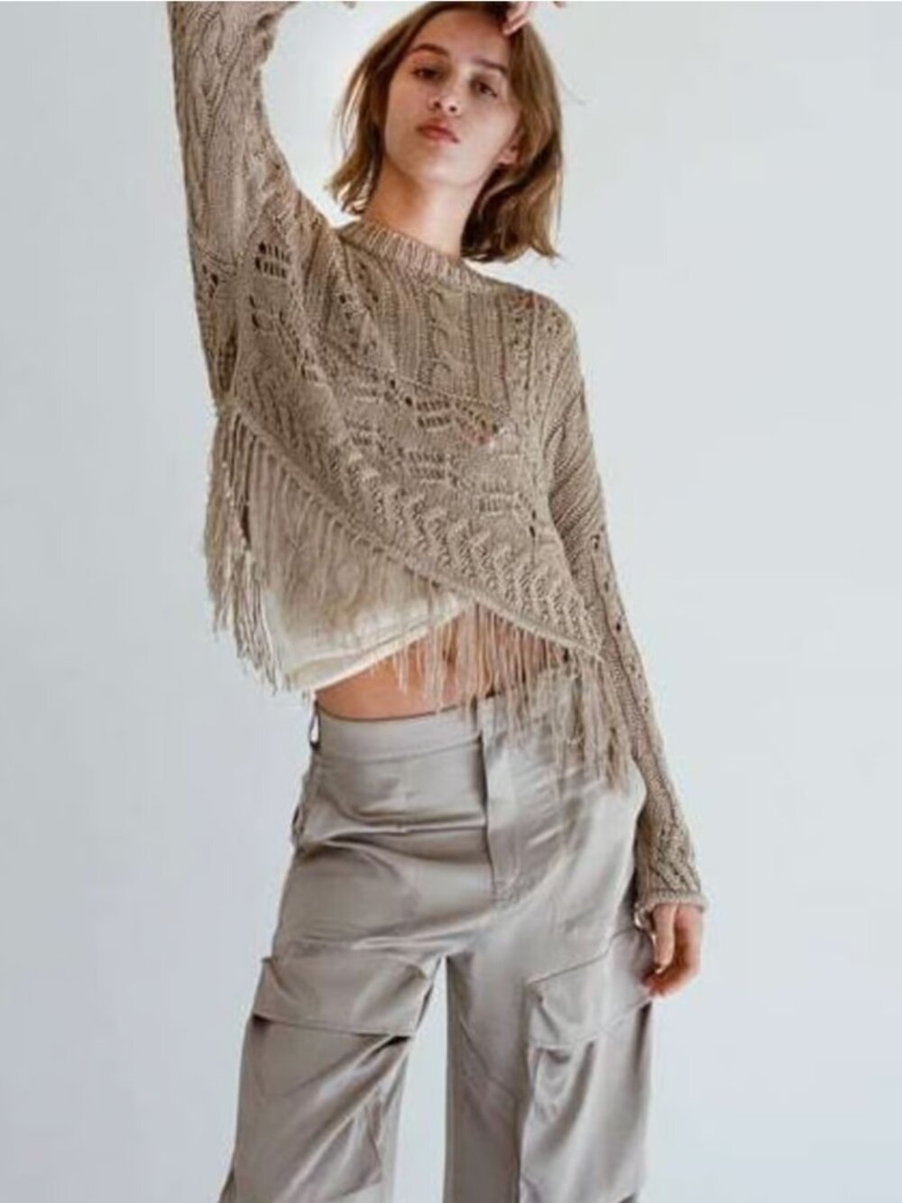 Zara Pullover Fringe Sweater Size XL Tan Cable Knit Cropped Womens